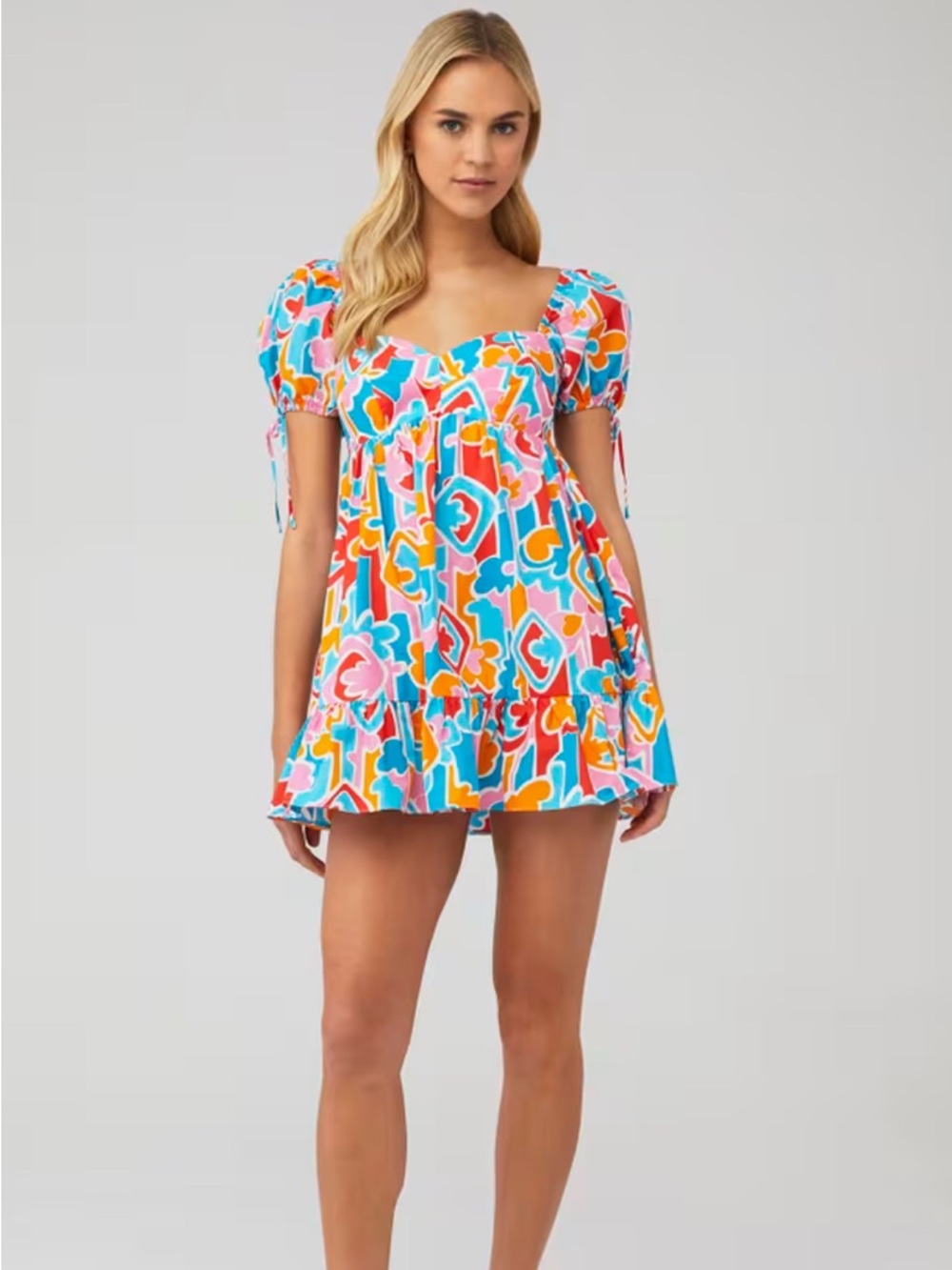 New Amanda Uprichard Sicily Dress Vibrant Multicolor Puff-Sleeve Mini Dress